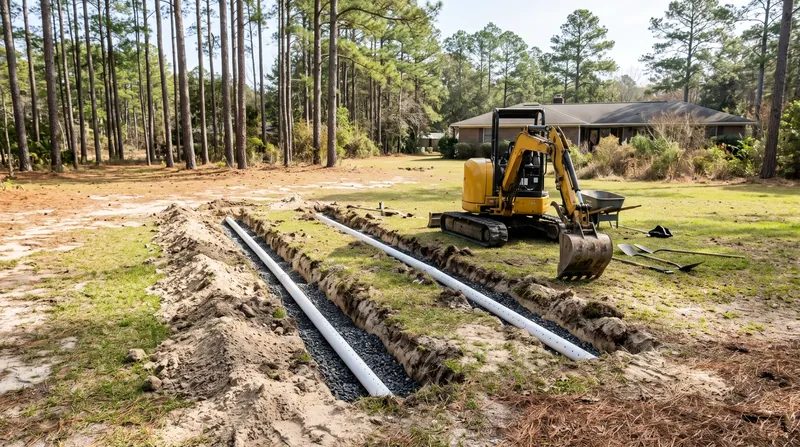 Drain field trenches with perforated pipe on gravel, a mini excavator parked alongside under pines