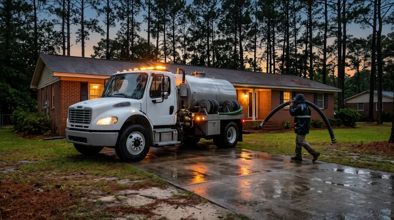 Septic pump truck with amber lights in a wet driveway at dusk, a worker carrying the hose to the side yard
